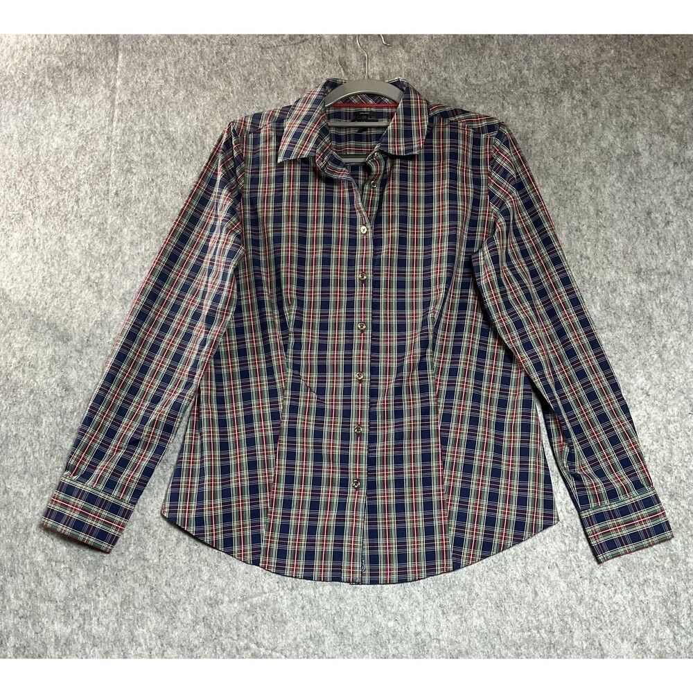 Talbots Shirt Womens 4 Blue Plaid Non Iron Stretch Button Up Slim Long Sleeve